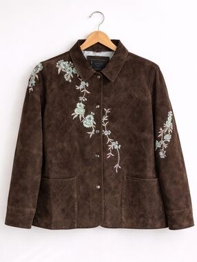 Avanti~Women Suede Leather Quilted Evening Jacket~Floral Embroidery~Brown~2X